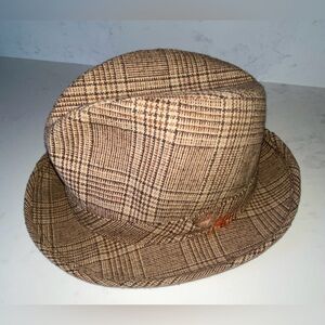 Vintage Tweed Wool Plaid Brown Beige Trilby Fedora Cuban Panama Hat 7 1/8 or 1/4